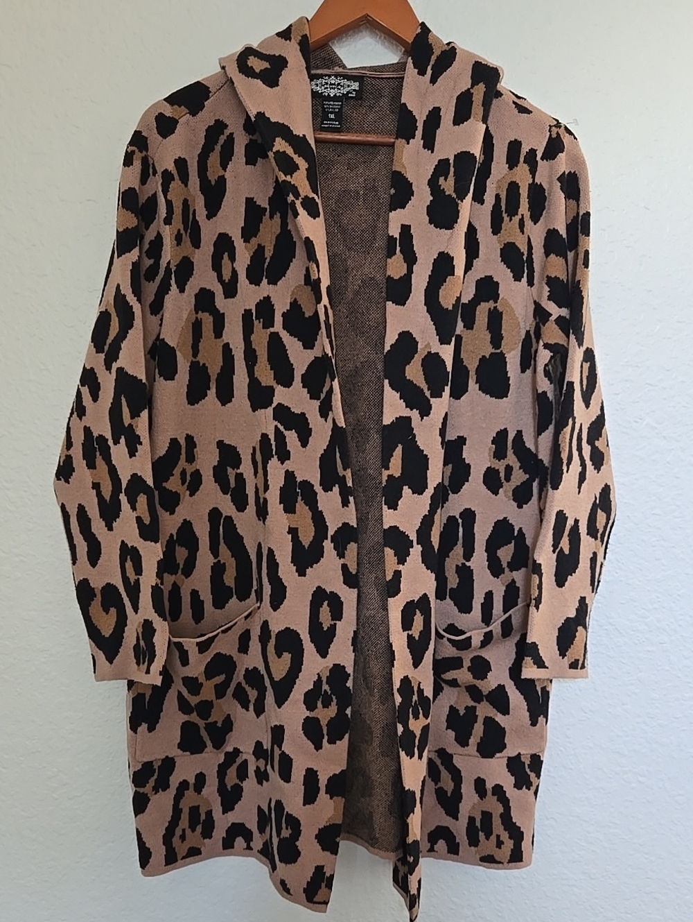 Oliver O. Leopard Print Open-Front Hooded Cardigan Sweater
